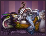 anthro bed black_hair black_nose blue_body blue_fur blue_hair breasts collar cuddling duo eyes_closed female female/female fur furniture glamfur green_body green_fur hair horn nude orange_body orange_fur red_eyes smile whiskers white_body white_fur white_hair vera_(artist) langurhali