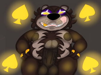 anthro balls big_balls big_penis body_hair brown_body brown_fur fur genitals glowing glowing_eyes gold_(metal) gold_rings gold_tooth happy_trail licking licking_lips looking_at_viewer male nipples penis purple_eyelids queen_of_spades_symbol sharp_teeth slightly_chubby solo teeth tongue tongue_out jaythefox333 jay_(jaythefox333) bear mammal 4:3 hi_res