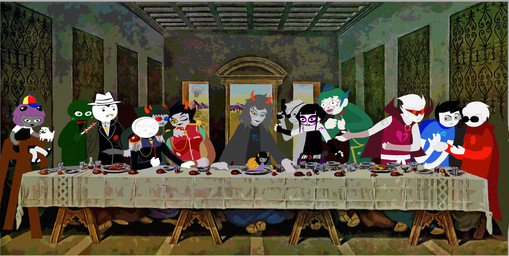 2_horns 4_horns accessory armor astrological_symbol black_clothing black_hair black_shirt black_suit black_topwear blue_clothing blue_topwear bodypaint candy candy_cane candy_cane_in_mouth classical_architecture cloak clothed clothing clown clown_makeup dessert detailed_background eye_patch eyelashes eyewear face-framing_tendrils face_paint feral flower food furniture glasses green_body green_hair green_skin grey_body grey_clothing grey_hair grey_jacket grey_skin grey_topwear group gun hair hair_accessory hairband hat headgear headwear high_chair holding_gun holding_object holding_ranged_weapon holding_weapon horn inside jacket multi_horn not_furry_focus ornate_furniture parody pauldron pink_clothing pink_topwear plant propeller_hat purple_hair ranged_weapon red_clothing red_suit red_topwear religion rose_(flower) round_glasses shirt sitting standing suit symbol table toony topwear triangle_glasses weapon white_body white_hair white_skin yellow_sclera mspandrew christianity homestuck homestuck:_beyond_canon ms_paint_adventures problem_sleuth psycholonials the_last_supper undertale_(series) andrew_hussie annoying_dog_(undertale) calliope_(homestuck) dave_strider dirk_strider honeybee_professor john_egbert kanaya_maryam ly'lac_of_the_final_applause problem_sleuth_(character) rose_lalonde sollux_captor vriska_serket zhen_(psycholonials) alien alien_humanoid canid canine canis cherub_(homestuck) domestic_dog gastropod human humanoid mammal mollusk nymph_(homestuck) snail troll_(homestuck) 2025 digital_media_(artwork) hi_res inspired_by_formal_art official_art