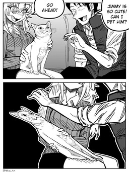 ambiguous_gender clothed clothing dialogue eyebrows female feral fingers fully_clothed fur group hair larger_female larger_human on_lap size_difference smaller_ambiguous smaller_feral text topwear trio whiskers nhim domestic_cat felid feline felis human mammal comic english_text hi_res monochrome