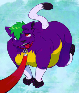 all_fours anthro bdsm belly collar leash looking_at_viewer looking_pleasured male overweight petplay purple_body red_eyes roleplay solo tongue tongue_out squishysheepie domestic_cat felid feline felis mammal hi_res