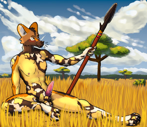 acacia_tree animal_genitalia animal_penis anthro balls blush bodily_fluids brown_body brown_eyes brown_fur canine_genitalia canine_penis claws cloud ears_up erection fangs fur genital_fluids genitals grass grassland landscape male melee_weapon mottled mottled_body mottled_fur nipples nude orange_body orange_fur outside paws penis piebald piebald_body piebald_fur pink_penis plant polearm precum savanna sitting sky snaggle_tooth solo spear spots tan_body tan_fur teeth tree weapon whiskers white_body white_fur marrowstone african_wild_dog canid canine canis hybrid jackal mammal hi_res
