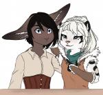 anthro blush clothed clothing duo female female/female fully_clothed hair simple_background tavern white_background e-pon felid lagomorph leporid mammal pantherine rabbit snow_leopard