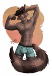 abs anthro beret bulge clothed clothing flexing hat headgear headwear looking_at_viewer male muscular muscular_anthro muscular_male navel nipples open_mouth smile solo tongue topless underwear dognextdoor mammal procyonid raccoon