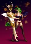 anthro antlers big_breasts biped black_nose breasts brown_hair bulge clothed clothing dancing duo female fishnet_clothing fully_clothed hair halo horn male male/female pubes skimpy standing thong underwear hikaruthewolf cam_hartley indicaa deer hyena mammal new_world_deer striped_hyena white-tailed_deer hi_res