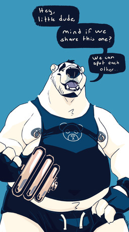 anthro belly big_belly blue_background blue_bottomwear blue_clothing blue_topwear bottomwear bulge clothed clothing ear_piercing exercise fangs front_view fur gauged_ear grey_nipples hand_on_hip looking_at_viewer male moobs nipple_piercing nipple_ring nipples obese obese_anthro obese_male open_mouth overweight overweight_anthro overweight_male piercing ring_piercing simple_background simple_eyes solo speech_bubble standing teeth text topwear weightlifting white_body white_fur workout chocolateandmilk bear mammal polar_bear ursine absurd_res english_text hi_res