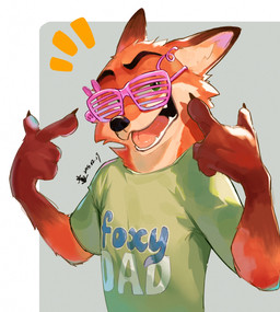 anthro clothing eyewear eyewear_on_face gesture glasses green_clothing green_eyes green_shirt green_topwear hand_gesture happy male open_mouth pink_eyewear pink_glasses pointing pointing_at_self shirt simple_background solo three-quarter_view topwear wearing_glasses lan_stsriron disney zootopia nick_wilde canid canine fox mammal red_fox true_fox hi_res signature