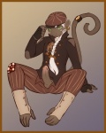 alternative_fashion border clothing ear_piercing erection feet genitals green_eyes hair hat headgear headwear hindpaw male orange_border paws penis piercing ponytail solo steampunk tail ryukyur haplorhine mammal monkey primate 4:5 hi_res