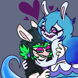 4_fingers amethyst_(gem) anthro bent_arm black_clothing black_hair black_jacket black_topwear blue_eyelids blue_eyes blue_hair blush blush_lines clothed clothed_anthro clothed_female clothing cuddling dress duo eyebrows eyelashes fangs female female/female female_anthro fingers fur gem green_eyebrows green_hair grey_background hair half-closed_eyes heart_symbol jacket kiss_mark kiss_mark_on_arm kiss_mark_on_ear kiss_mark_on_face lipstick long_ears long_hair makeup multicolored_clothing multicolored_dress multicolored_hair narrowed_eyes no_eyebrows noseless open_clothing open_jacket open_topwear pink_inner_ear purple_clothing purple_dress purple_ear_piercing purple_eyelids purple_eyes purple_lipstick purple_shirt purple_topwear red_mouth shirt simple_background smile smiling_at_another smiling_at_partner smiling_at_viewer teeth text toothy_grin topwear two_tone_hair white_body white_fur yellow_teeth flyinurfries mario_plus_rabbids_sparks_of_hope nintendo raving_rabbids rayman_(series) ubisoft edge_(mario_plus_rabbids) midnite_(mario_plus_rabbids) ghost hybrid lagomorph mammal rabbid spirit 1:1 2022 artist_name digital_drawing_(artwork) digital_media_(artwork) english_description flat_colors hi_res
