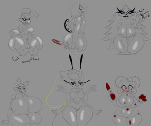 ambiguous_gender anthro big_breasts big_butt blood bodily_fluids breasts butt cleavage clothed clothing female holding_object holding_weapon sharp_teeth teeth thick_thighs weapon xionthedog five_nights_at_freddy's five_nights_at_freddy's_world hellaverse helluva_boss scottgames terrible_mouse forsaken_(character) lolbit_(fnaf) lorna_(terrible_mouse) pizza_bee_(xexeezy) queen_bee-lzebub_(helluva_boss) stella_(helluva_boss) arthropod avian bee canid canine fox humanoid hymenopteran insect mammal mouse murid murine rodent 6:5 absurd_res hi_res sketch