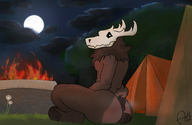 animal_genitalia anthro antlers anus balls big_balls big_butt bone brown_body brown_fur butt butt_focus campfire camping camping_tent detailed_background fire fur genitals grass hooves horn huge_balls huge_butt light looking_back lying male mature_male moon moonlight nude on_grass on_ground outside plant puckered_anus puffy_anus pupils raised_tail scut_tail short_tail sitting skull skull_head solo steam tail tail_anus tent tree white_pupils aimskull american_mythology indigenous_north_american_mythology mythology north_american_mythology deer mammal monster mythological_creature wendigo 2025 digital_drawing_(artwork) digital_media_(artwork) hi_res signature