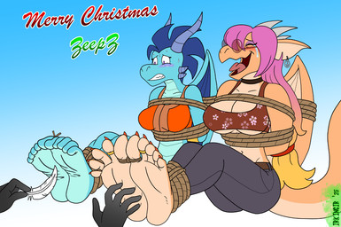 5_toes ambiguous_gender ankles_tied anthro barefoot bdsm blue_body blue_hair blue_scales blush bodily_fluids bondage bound breasts claws cleavage clothed clothing countershade_feet countershading crying_laughing curling_toes digit_ring duo feet female hair hands_behind_back humanoid_feet jewelry laugh lightened_soles pink_hair plantigrade restraints ring rope rope_bondage scales sitting soles submissive submissive_anthro submissive_female tan_body tan_scales tears tickle_torture tickling tickling_feet toe_claws toe_restraints toe_ring toes toes_tied under_boob wings_tied irkingir mythology blizz_(irkingir) myra_(zp92) dragon mythological_creature mythological_scalie scalie