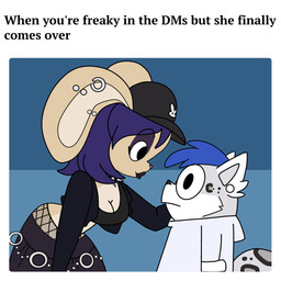 alternative_fashion anthro blue_hair clothing duo ear_piercing female goth hair male male/female piercing purple_hair shirt topwear white_clothing white_shirt white_topwear fuf bunnybits_(character) glaze_(glazetpf) felid lagomorph leporid mammal pantherine rabbit snow_leopard absurd_res hi_res