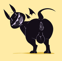 anthro anus backsack balls biped black_body black_tail butt genitals male nude_anthro nude_male simple_background smile solo tail teeth tongue wings yellow_background birdvian brick_(birdvian) bat mammal