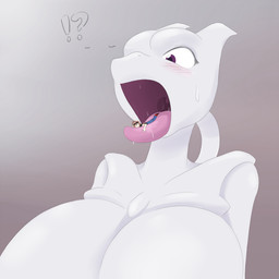 anthro big_breasts blush bodily_fluids breasts dripping duo exclamation_point extreme_size_difference eye_contact female female_pred gaping_mouth grey_background huge_breasts in_mouth larger_female laying_on_tongue looking_at_another lying male male/female male_prey micro micro_on_tongue micro_prey mouth_shot on_front on_tongue open_mouth purple_eyes question_mark saliva saliva_drip simple_background size_difference smooth_skin standing surprised sweat sweatdrop tail three-quarter_view tongue toony uvula vore white_body angelthecatgirl nintendo pokemon psy_(angelthecatgirl) generation_1_pokemon human legendary_pokemon mammal mewtwo pokemon_(species) bust_portrait character_request digital_drawing_(artwork) digital_media_(artwork) hi_res portrait