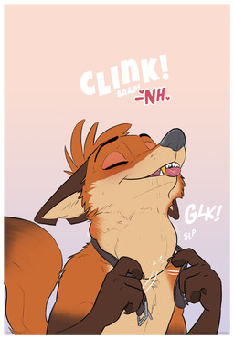 anthro bodily_fluids border brown_body brown_fur collar cuckold eyebrows eyes_closed fingers fur male male_pred motion_lines multicolored_body multicolored_fur onomatopoeia orange_body orange_fur saliva soft_vore solo sound_effects tan_body tan_fur text tongue vore white_border amadose disney zootopia fan_character rabbitseason_(amadose) canid canine fox mammal red_fox true_fox absurd_res hi_res