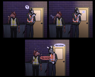 anthro armbinder armwear bat_nose binder_(restraint) black_hair bondage_gear brown_body brown_fur cigarette clothing dialogue door dumpster duo ears_up fangs fur hair high-vis long_hair male male/male outside red_hair restraints smoke smoking smoking_cigarette striped_body stripes surprised tail teeth text topwear vest wall_(structure) white_body white_fur winged_arms wings familiar_nobody famno_(familiar_nobody) pan_(familiar_nobody) bat equid equine mammal zebra absurd_res comic english_text hi_res shaded