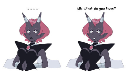 2_horns breasts clothed clothing cutout dialogue ellipsis eyeshadow female hair horn horn_jewelry horn_ring humanoid_pointy_ears humor jewelry lips makeup navel navel_cutout not_furry pink_hair pointy_ears question question_mark ring_(jewelry) short_hair simple_background solo text topwear white_background kianamai pretty_pretty_please_i_don't_want_to_be_a_magical_girl lady_devoid horned_humanoid humanoid mammal comic digital_media_(artwork)