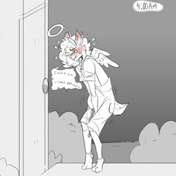 ambiguous_gender anthro bladder_bulge blush blush_lines bodily_fluids clothing costume cross cross_necklace dialogue door genital_fluids halo hand_on_crotch jewelry knock-kneed leaking_urine necklace omorashi outside overalls peeing solo speech_bubble standing text time urine wetting paddle-boat angel_(paddle-boat) deer mammal 1:1 digital_drawing_(artwork) digital_media_(artwork) english_description english_text hi_res restricted_palette male_(lore)