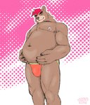 anthro bear belly brown_body brown_fur clothed clothing eyebrows fingernails fur hair holding_belly jenokamui jockstrap looking_down male mammal muscular muscular_male nails nipples overweight overweight_male partially_clothed red_hair simple_background solo underwear