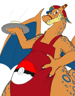 anthro apron clothed clothing diner looking_at_viewer male male/male restaurant sinno solo tattoo orcrest nintendo pokemon charizard generation_1_pokemon pokemon_(species) absurd_res hi_res
