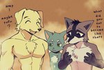 abs anthro black_eyes black_hair blue_body blue_fur brown_body brown_fur eyes_closed fur green_eyes group hair male multicolored_body muscular muscular_male nude open_mouth pecs simple_background smile text trio yellow_body yellow_fur dark_ishihara aoniya_yuudai araizumi_funaka kaneinu_kosuke canid canine canis domestic_cat domestic_dog felid feline felis mammal procyonid raccoon absurd_res english_text hi_res