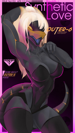 anthro clothing dark_body dark_skin female glowing glowing_tongue legwear machine outer-6 pose solo standing synthetic text thigh_highs tongue visor moldb_x humanoid lizard reptile robot scalie cover english_text hi_res magazine_cover pinup