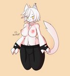 anthro bottomwear breasts clothed clothing ear_piercing female fingerless_gloves fur gloves hair handwear hoodie hoodie_around_waist nipples pants piercing simple_background solo sweatpants topless topwear white_body white_fur white_hair yellow_eyes tfwnocatgirlgf ash_(tfwnocatgirlgf) domestic_cat felid feline felis mammal absurd_res hi_res watermark