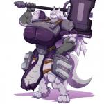 anthro armor big_breasts breasts clothing female hair hammer_(weapon) huge_breasts hyper hyper_breasts looking_at_viewer muscular muscular_anthro muscular_female simple_background smile solo standing weapon white_background bobert canid canine mammal 1:1 2020 hi_res