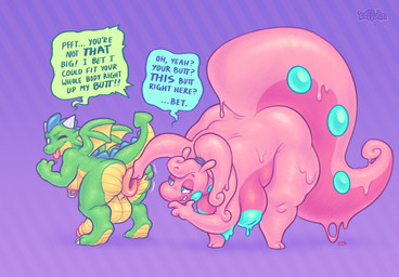 anthro anus anus_grab balls big_anus breasts butt dialogue duo erection female genitals green_body green_eyes gynomorph imminent_anal_vore imminent_vore intersex nipple_piercing nipples nude overweight overweight_anthro penis piercing pink_body puffy_anus purple_background simple_background size_difference smile spade_tail spread_anus spreading standing tail text thick_thighs tongue tongue_out keffotin mythology nintendo pokemon bisou_(keffotin) brokenwing dragon generation_6_pokemon goodra mythological_creature mythological_scalie pokemon_(species) scalie 2021 digital_media_(artwork) english_text hi_res nonbinary_(lore) trans_(lore) trans_woman_(lore)