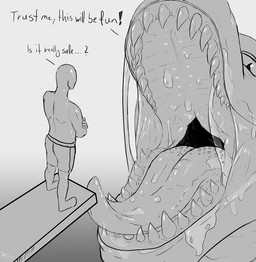 ambiguous_form ambiguous_gender ambiguous_pred bodily_fluids dialogue drooling duo imminent_vore male male_prey open_mouth saliva saliva_on_tongue saliva_string text tongue tongue_out vore tallion mythology anon anonymous_character dragon human mammal mythological_creature mythological_scalie scalie english_text monochrome