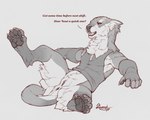 anthro anus chest_tuft claws dialogue female finger_claws genitals neck_tuft pawpads presenting presenting_anus presenting_pussy pussy solo spread_legs spreading teeth text toe_claws tuft deormynd felid feline mammal tetton 5:4 absurd_res english_text greyscale hi_res monochrome