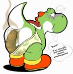 2023 anthro anus ass_up bent_over blush breath clothed clothing dialogue feces feces_on_body feces_on_butt footwear generalstank green_body green_yoshi grunting male mario_bros nintendo partially_clothed purple_blush scatplay shoes soiling soiling_underwear solo stink_fumes stink_lines talking_to_self text thought_bubble underwear underwear_down yoshi