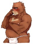 1boshi 2013 anthro asian_clothing bear belly big_belly black_nose blush bodily_fluids brown_body brown_fur bulge clothing east_asian_clothing fundoshi fur humanoid_hands japanese_clothing juuichi_mikazuki kemono male mammal moobs morenatsu nipples overweight overweight_male simple_background solo sweat underwear white_background white_clothing white_fundoshi white_underwear
