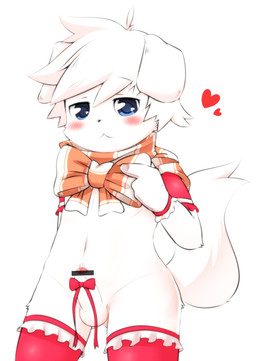 accessory anthro armwear bedroom_eyes black_eyebrows blue_eyes blush blush_lines bodily_fluids bottomwear bow_tie censor_bar clothed clothing erection eyebrow_through_hair eyebrows femboy genital_fluids genitals glistening glistening_eyes hair hand_behind_back heart_symbol humanoid_genitalia humanoid_penis ineffective_censorship kemono legwear looking_at_viewer male mostly_nude narrowed_eyes navel orange_scarf pantsless penis penis_accessory penis_bow penis_ribbon pose precum raised_tail red_armwear red_bottomwear red_clothing red_legwear ribbons scarf seductive shirtless shota simple_background solo tail translucent translucent_hair white_background white_body white_hair white_scarf young young_anthro young_male tororoudn bandai_namco summon_night panashe_(summon_night) canid canine canis domestic_dog mammal 2015 censored digital_media_(artwork) portrait three-quarter_portrait