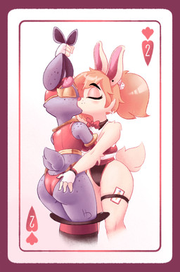 anthro anthro_on_anthro blush bow_tie breasts brown_hair butt butt_grab card clothing d6 dice duo ear_grab eyelashes eyes_closed female female/female fingerless_gloves freckled_back freckled_butt freckled_ears freckled_face freckled_hips freckled_shoulders freckled_tail freckles glistening_eyelids gloves hair hand_on_butt handwear hat headgear headwear kissing long_eyelashes piercing red_clothing simple_background tail top_hat tuft hypnodoe nova_(hypnodoe) lagomorph leporid mammal rabbit 2023 digital_media_(artwork) hi_res