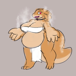 anthro clothing female female_anthro food grey_background jewelry necklace obese overweight overweight_anthro overweight_female pelvic_curtain pseudo_hair red_eyes simple_background steam steaming white_clothing dirtymac mythology bread_creature deity dragon food_creature mythological_creature mythological_scalie scalie 1:1 absurd_res hi_res