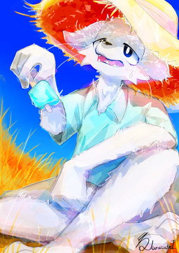 anthro blue_clothing blue_eyes blue_shirt blue_sky blue_topwear bodily_fluids bottomwear clothing crouching fangs food fur grass grey_bottomwear grey_clothing grey_shorts hat headgear headwear kemono male open_mouth plant popsicle shirt shorts sky solo straw_hat sweat teeth topwear white_body white_fur kurucatn1 canid canine mammal 2024 hi_res
