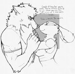 anthro bodily_fluids clothing comforting crying duo eye_contact female hand_on_arm hand_on_cheek holding_arm looking_at_another male male/female nose_to_nose nuzzling romantic romantic_couple sad shirt smile support talking_to_another talking_to_partner tank_top tears text topwear goonie-san goon_(goonie_san) mercy_(goonie-san) arthropod bee canid canine canis domestic_dog hymenopteran insect mammal english_text hi_res monochrome