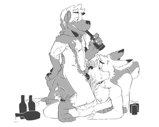 alcohol anthro anthro_on_anthro beverage bodily_fluids bottle container cum cum_from_mouth cum_in_mouth cum_inside dripping duo erection fellatio foreskin genital_fluids genitals grin holding_bottle holding_container holding_object lying male male/male male_penetrated male_penetrating male_penetrating_male nipples nude on_back oral oral_penetration partially_retracted_foreskin pecs penetration penile penis sex side_view smile standing straddling fvorte mammal mustelid otter rodent sciurid tree_squirrel greyscale monochrome