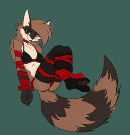 anthro bdsm bondage bound bra breasts brown_body brown_fur butt choker christmas_bells clothing countershading eyeliner female fur hair heart_symbol holidays jewelry legwear lingerie long_hair makeup markings necklace panties pawpads paws pose red_clothing red_underwear ribbon_bondage ribbons solo striped_markings striped_tail stripes tail tail_markings thigh_highs underwear white_body white_fur wrapped_arms wrapped_legs notadrian christmas cubic_(metriccaboose) mammal procyonid raccoon absurd_res hi_res pinup
