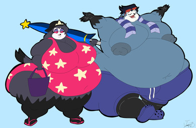 anthro beanie breasts bucket clothing container duo eyewear female fur glasses grey_body grey_fur grey_hair hair hat headgear headwear holding_bucket holding_container holding_object holding_umbrella long_hair male male/female morbidly_obese obese one-piece_swimsuit overweight overweight_anthro overweight_female overweight_male pink_eyes short_hair smile standing sunglasses swimming_trunks swimwear umbrella walking white_face helluvajoey hellaverse helluva_boss octavia_(helluva_boss) stolas_(helluva_boss) avian avian_demon bird demon owl owl_demon hi_res daughter_(lore) father_(lore) father_and_child_(lore) father_and_daughter_(lore) parent_(lore) parent_and_child_(lore) parent_and_daughter_(lore)