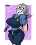 anthro big_breasts breasts clothing crop_top female gloves handwear knee_pads plaid police police_uniform purple_eyes shirt smile solo teeth topwear uniform reymonrr disney zootopia judy_hopps lagomorph leporid mammal rabbit absurd_res hi_res