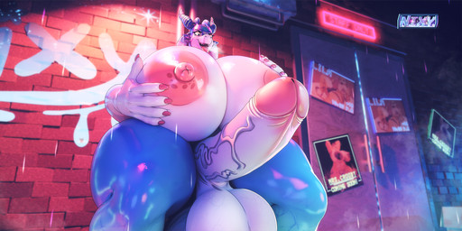 anthro areola balls big_areola big_balls big_breasts big_nipples big_penis breast_grab breasts genitals graffiti gynomorph hand_on_breast huge_breasts huge_penis intersex nipples penis raining solo thick_thighs vein veiny_penis nixynebula mythology nixy_(nixynebula) dragon mythological_creature mythological_scalie scalie 3d_(artwork) digital_media_(artwork) hi_res