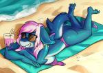 anthro beach beverage blue_body blue_skin butt clothed clothing eyewear female glasses hair pink_hair pink_lemonade sand sea seaside smile solo swimwear tattoo teeth topless towel water wave corelle-vairel fish marine shark 2016