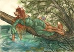 anthro clothing dress female flower hair lake nature plant pond reclining red_hair river solo tree water waterlily lehowa domestic_cat felid feline felis lynx maine_coon mammal nymph