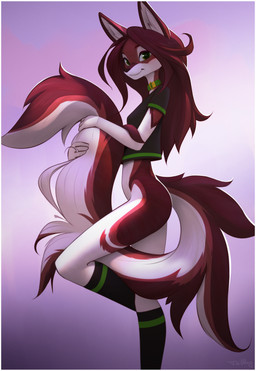 4_fingers anthro biped border brown_body brown_fur brown_hair brown_tail butt clothed clothed_anthro clothed_female clothing female fingers footwear fur green_eyes hair long_tail looking_at_viewer pantsless pantsless_anthro pantsless_female partially_clothed partially_clothed_anthro partially_clothed_female side_view smile socks solo tail tail_hug topwear white_border tailhug_(artist) skylar_zero canid canine fox mammal 2025 digital_drawing_(artwork) digital_media_(artwork) hi_res