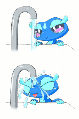 acting_like_a_cat ambiguous_gender blue_body blue_scales blush blush_stickers eyes_closed faucet feral humor pink_eyes pupils quadruped running_water scales simple_background slit_pupils soaked solo teal_body teal_scales tongue tongue_out white_background white_pupils kinakomocheeni nintendo pokemon gecqua generation_10_pokemon pokemon_(species) scalie 2026 2:3 digital_drawing_(artwork) digital_media_(artwork) hi_res japanese_description sequence
