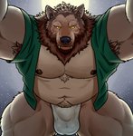 amber_eyes anthro armpit_hair asian_clothing balls_outline beard biceps black_nose body_hair brown_body brown_fur bulge chest_tuft clothed clothing confusion detailed_bulge east_asian_clothing facial_hair fangs full_moon fundoshi fur genital_outline green_clothing green_shirt green_topwear japanese_clothing light looking_at_viewer low-angle_view male moon moonlight musclegut muscular muscular_anthro muscular_male neck_tuft night nipples open_clothing open_shirt open_topwear pecs penis_outline perspective quads sharp_teeth shirt sky slightly_chubby solo star starry_sky teeth topwear triceps tuft underwear worm's-eye_view yellow_eyes feathersoars lustful_desires mythology caleb_(lustful_desires) canid canine canis mammal mythological_canine mythological_creature werecanid werecanine werecreature werewolf wolf 2021 hi_res