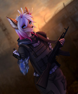 anthro antlers armor assault_rifle black_nose blue_eyes clothed clothing detailed_background eyebrows female fully_clothed fur gloves gun hair handwear holding_object holding_weapon horn military military_uniform multicolored_body multicolored_fur multicolored_hair ranged_weapon rifle solo suit sunset uniform weapon amarihel s.t.a.l.k.e.r. kaily_(notcreative) deer mammal 5:6 digital_media_(artwork) hi_res trans_(lore) trans_woman_(lore)